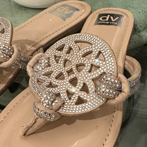 New! Dolce Vita Beige Gotie Sandals with Sparkling Rhinestones Strap Slide sz 9 - Picture 2 of 8